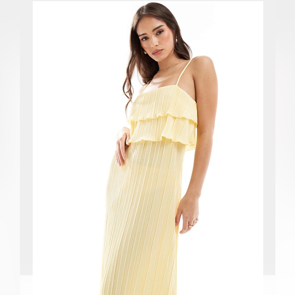 Butter Yellow Cami Dress with Tiered Ruffle Top Detail in Lemon Pieces Plisse - Picture 4 of 5
